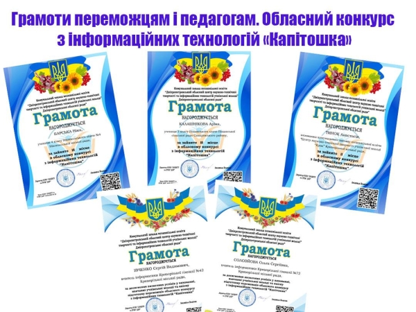 Грамоти переможців та педагогічних працівників, які підготовили призерів конкурсу «Капітошка».