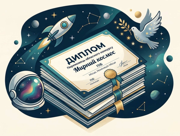 Дипломи переможців обласного конкурсу Мирний космос.